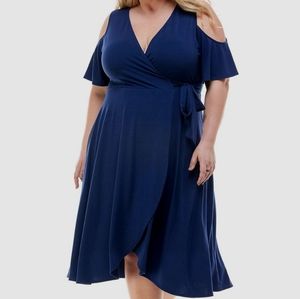Kingston Grey Women's Blue Cold-Shoulder Fit & Flare Dress Plus Size 3XL